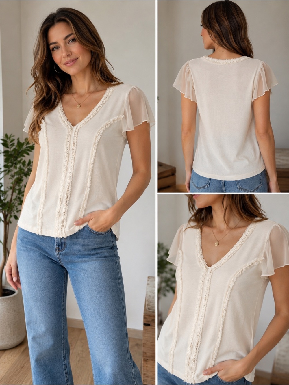 Cynthia Steffe Ivory Blouse with Sheer Sleeves